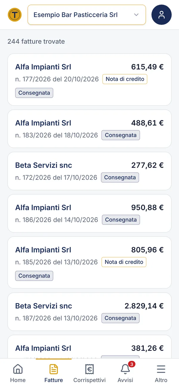 L’elenco delle fatture emesse in Tornaconto